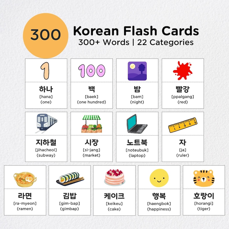 May include: Korean flash cards with 300+ words and 22 categories. Each card features a Korean word with its English translation. The cards include illustrations of a subway, ramen, cake, and a tiger.