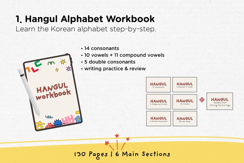 May include: A Hangul Alphabet Workbook with the title "Hangul Workbook" on a tablet-like device. The workbook includes 14 consonants, 10 vowels, 11 compound vowels, 5 double consonants, and writing practice. The workbook has 130 pages and 6 main sections.