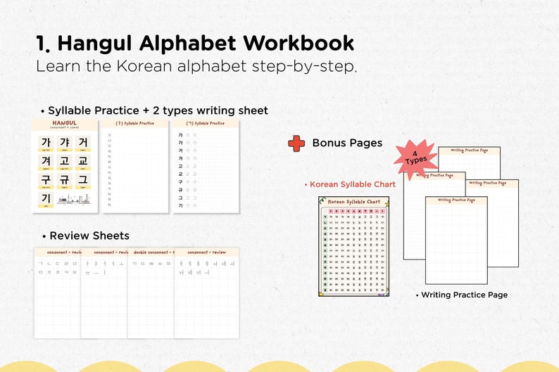 May include: A workbook for learning the Korean Hangul alphabet step-by-step. Includes syllable practice sheets, review sheets, a Korean syllable chart, and writing practice pages. The workbook is designed to help learners master the Korean alphabet.