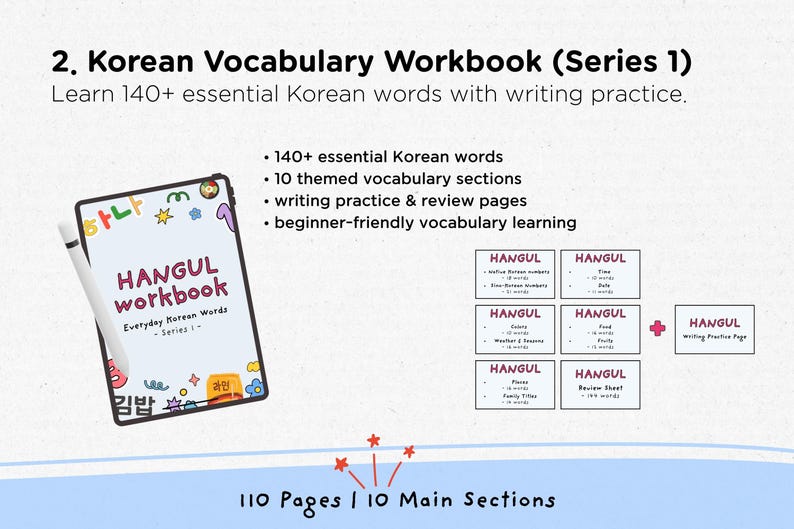 May include: A Korean vocabulary workbook with the title "HANGUL workbook" and the text "Everyday Korean Words - Series 1". The workbook includes 140+ essential Korean words, 10 themed sections, writing practice, and review pages.