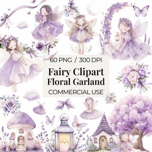 Może przedstawiać: Cyfrowa ilustracja przedstawiająca akwarelowe wróżki, kwiatowe girlandy i fantazyjne elementy w odcieniach fioletu i bieli. Tekst brzmi "Fairy Clipart Floral Garland Commercial Use". Zawiera motyle, domek z grzybami i latarnię.