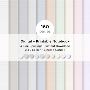 Digitalt och utskrivbart anteckningspapper i neutralt pastellfärg – Linjerat och Cornell | A4/Letter PDF-paket | GoodNotes-vänliga mallar för digitala anteckningsböcker