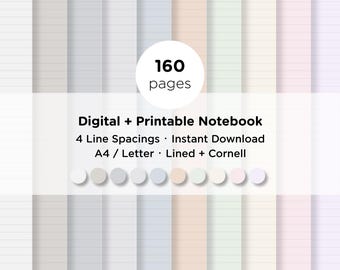 Op de afbeelding: Digitaal en printbaar notitieboek met 160 pagina's. Het ontwerp bevat gelinieerde pagina's in verschillende pastelkleuren. Tekst op de afbeelding luidt: Digital + Printable Notebook, 4 Line Spacings, Instant Download, A4 / Letter, Lined + Cornell.