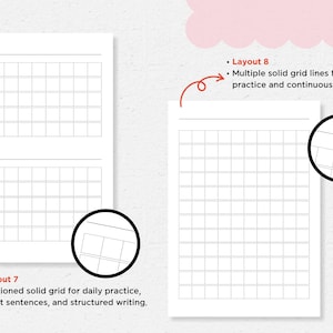 May include: Two white paper sheets with grid layouts for writing practice. One sheet has two sections of grids, labeled "Layout 7". The other sheet has a single grid, labeled "Layout 8". Text indicates the layouts are for sentence practice.