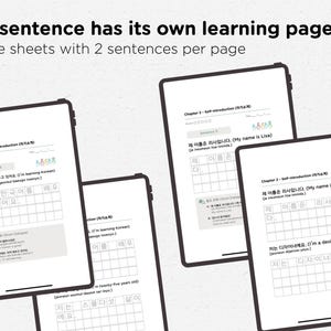 May include: Several digital tablets displaying Korean language learning sheets. Each tablet shows a different page with sentences and fill-in-the-blank exercises. A stylus rests on one tablet. The text reads "Each sentence has its own learning page."