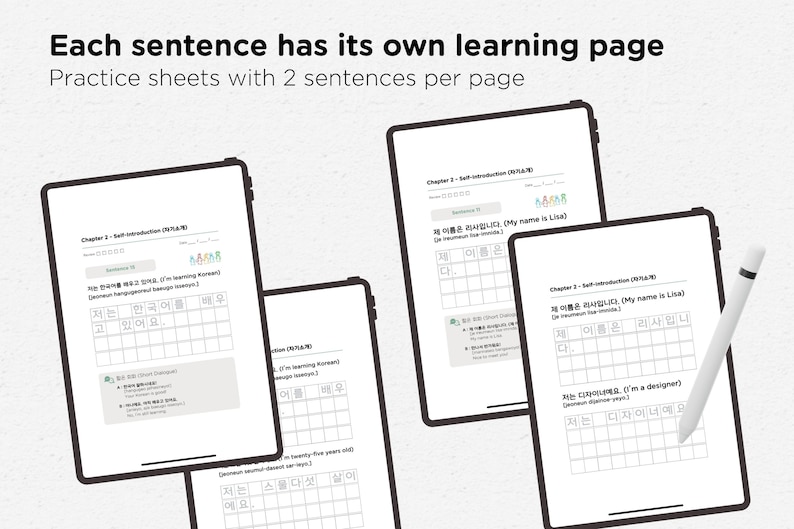 May include: Several digital tablets displaying Korean language learning sheets. Each tablet shows a different page with sentences and fill-in-the-blank exercises. A stylus rests on one tablet. The text reads "Each sentence has its own learning page."