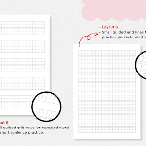 May include: Two white paper sheets with grid layouts for writing practice. One sheet features rows of small grids for word practice, the other has larger grids for sentence practice. Text reads "Layout 5, 6".