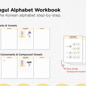 May include: A workbook for learning the Korean Hangul alphabet step-by-step. The image shows pages with consonants, vowels, double consonants, and compound vowels. An easy guide to compound vowel combinations is also included.