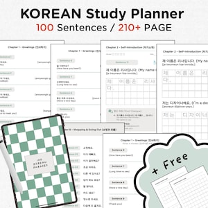 May include: A Korean study planner with the text "KOREAN Study Planner" and "100 Sentences / 210+ PAGE". The planner includes sections for greetings, self-introduction, and shopping phrases. A free writing practice page is included.