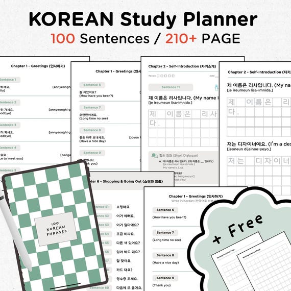 100 Sentences to Learn Korean | Printable Korean Workbook | Hangul Study Worksheets | Korean Language Learning PDF Digital Download