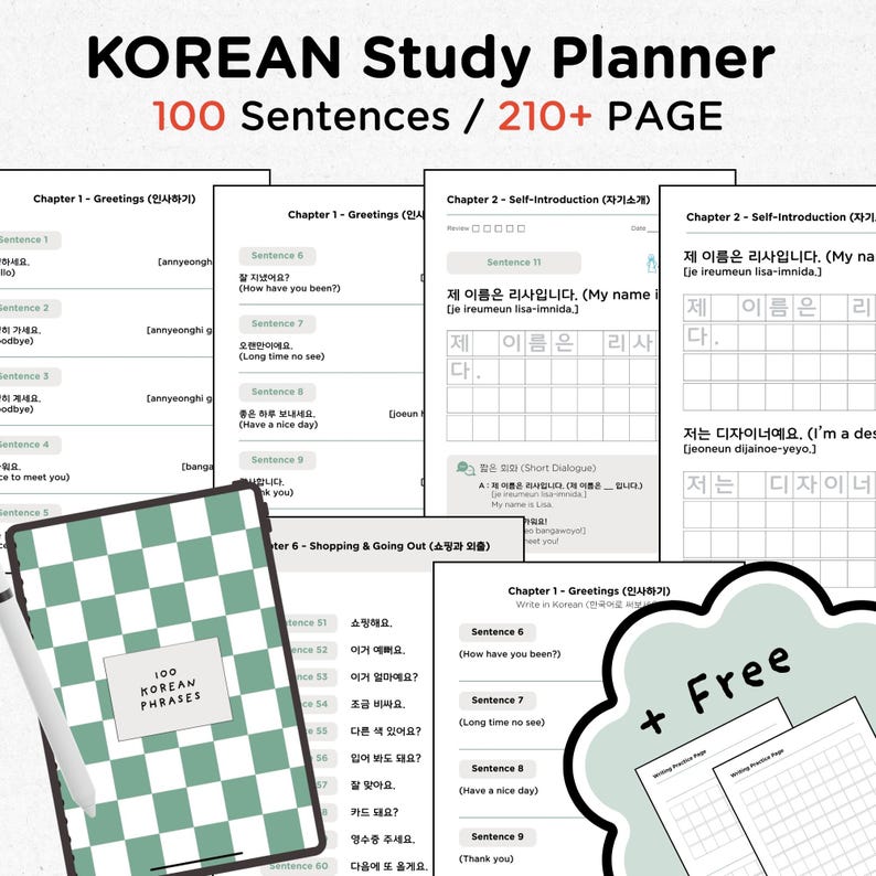 May include: A Korean study planner with the text "KOREAN Study Planner" and "100 Sentences / 210+ PAGE". The planner includes sections for greetings, self-introduction, and shopping phrases. A free writing practice page is included.