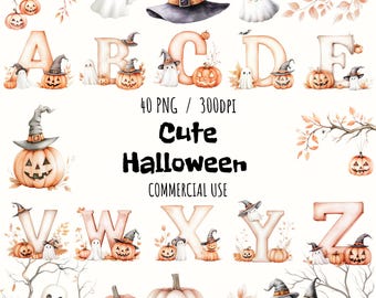 Kawaii Boho Halloween Clipart Bundle, Akvarell Halloween Bokstäver, Doodle Alfabet PNG, Spöklik Söt Clipart, Halloween Typsnitt, Kommersiellt Bruk