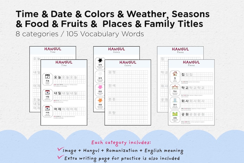 May include: Educational Korean language learning materials. The image shows several white pages with Hangul vocabulary words, including time, date, colors, weather, seasons, food, fruits, places, and family titles. Each category includes images, Hangul, romanization, and English meanings.