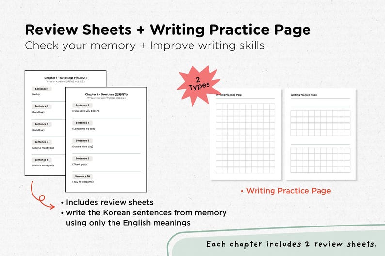 May include: Two types of study sheets are shown. One is a review sheet with Korean sentences and English translations. The other is a writing practice page with a grid. The text says, "Review Sheets + Writing Practice Page."