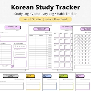May include: A collection of printable Korean study trackers. The design includes study logs, vocabulary logs, and habit trackers. The text on the top reads "Korean Study Tracker". The trackers are in various colors and layouts, with the text "A4 + US Letter | Instant Download".