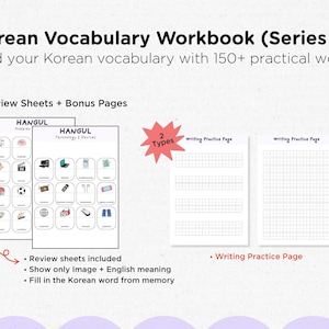May include: A Korean vocabulary workbook, Series 2, with the title at the top. The workbook includes review sheets with images and English meanings, and writing practice pages. The workbook aims to expand Korean vocabulary with over 150 words.