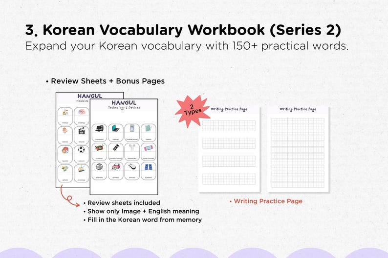 May include: A Korean vocabulary workbook, Series 2, with the title at the top. The workbook includes review sheets with images and English meanings, and writing practice pages. The workbook aims to expand Korean vocabulary with over 150 words.