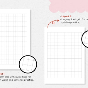 May include: Two white grid paper layouts for handwriting practice. Layout 1 features a uniform grid with guide lines for letters, words, and sentences. Layout 2 has a large guided grid for beginner letter and syllable practice. Text reads "Layout 1, 2".