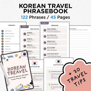 May include: A digital Korean travel phrasebook featuring 122 phrases across 45 pages, including 20 travel tips. The cover displays the text KOREAN TRAVEL, Essential Korean Phrases, and Local Travel Tips with colorful icons and a South Korean flag.