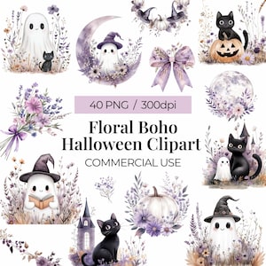 May include: A set of watercolour illustrations with ghosts, black cats, pumpkins, and floral arrangements. The text reads "40 PNG / 300dpi" and "Floral Boho Halloween Clipart COMMERCIAL USE". The colour scheme includes purple, white, and black.