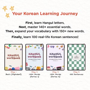 May include: A graphic promoting Korean language learning. It features four digital tablets with the text "HANGUL workbook" and steps for learning: alphabet, 140+ words, 150+ words, and 100 sentences. The background is white with star illustrations.