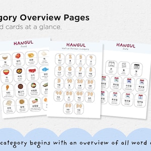May include: Three white flashcards with Korean Hangul text and illustrations. The cards are labeled "Food", "Native Korean numbers", and "Date". The food card shows images of various Korean dishes. The number card displays numbers. The date card shows calendar elements.