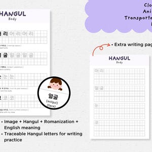 May include: Educational Hangul workbook with body part vocabulary. The workbook includes traceable Hangul letters, Romanization, and English meanings. The image shows a page with the word "face" in Korean, along with a drawing of a face. Additional pages cover clothes, animals, and transportation.