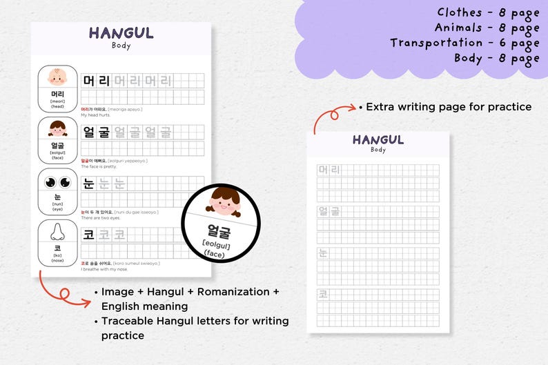 May include: Educational Hangul workbook with body part vocabulary. The workbook includes traceable Hangul letters, Romanization, and English meanings. The image shows a page with the word "face" in Korean, along with a drawing of a face. Additional pages cover clothes, animals, and transportation.