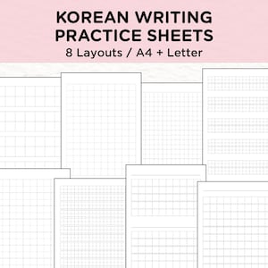 May include: White Korean writing practice sheets with grid and line layouts. The text "KOREAN WRITING PRACTICE SHEETS" is at the top, along with "8 Layouts / A4 + Letter". The sheets are designed for practicing Korean writing.