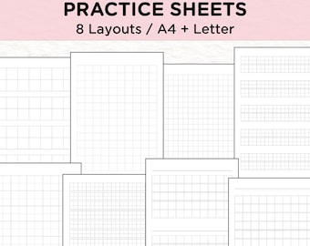 May include: White Korean writing practice sheets with grid and line layouts. The text "KOREAN WRITING PRACTICE SHEETS" is at the top, along with "8 Layouts / A4 + Letter". The sheets are designed for practicing Korean writing.