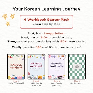 May include: A graphic promoting a Korean language learning program. It features four workbooks: Basic Alphabet, 140+ Words, 150+ Words, and 100 Sentences. The text reads "Your Korean Learning Journey" and "4 Workbook Starter Pack."