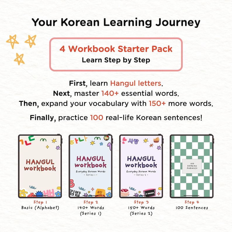 May include: A graphic promoting a Korean language learning program. It features four workbooks: Basic Alphabet, 140+ Words, 150+ Words, and 100 Sentences. The text reads "Your Korean Learning Journey" and "4 Workbook Starter Pack."