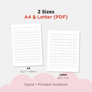 May include: Two white printable notebook pages with grid lines, labeled A4 (8.27 x 11.69 in) and Letter (8.5 x 11 in). The text "2 Sizes A4 & Letter (PDF)" and "Digital + Printable Notebook" are also visible.