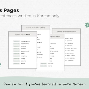 May include: Image of several white pages with Korean text, labeled as "Bonus Pages." The pages are from a learning resource, with the text "All 10 sentences written in Korean only." The pages are arranged in a layered fashion.
