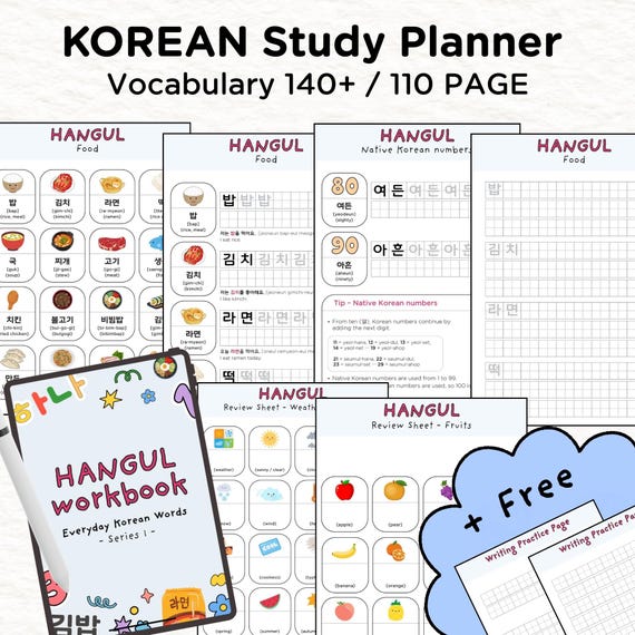 140+ Learn Korean Words Workbook | Hangul Vocabulary & Writing Practice Study Worksheets | Printable PDF for Beginners | Digital Download