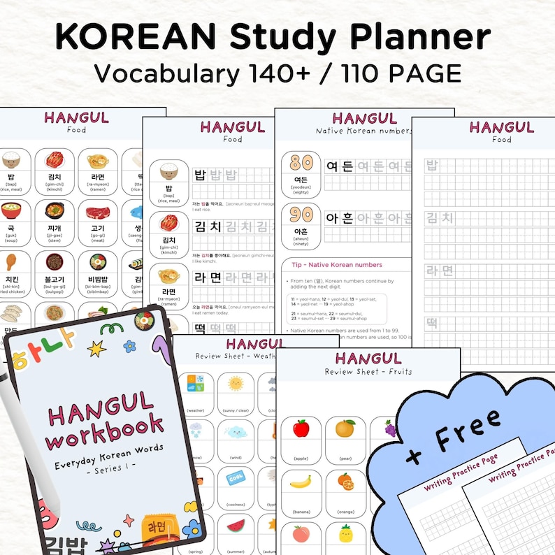 May include: A Korean study planner with vocabulary for over 140 words, featuring 110 pages. The image includes Hangul food vocabulary, number practice, and a workbook titled "Hangul Workbook: Everyday Korean Words - Series 1-".
