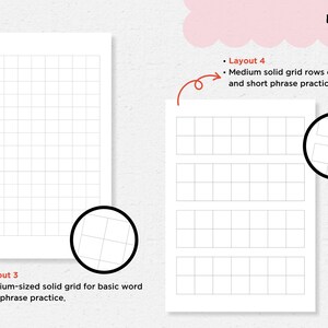 May include: Two white paper layouts with grid patterns for word and phrase practice. One layout features a medium-sized grid, while the other has medium solid grid rows. Text reads "Layout 3, 4" and describes the layouts.