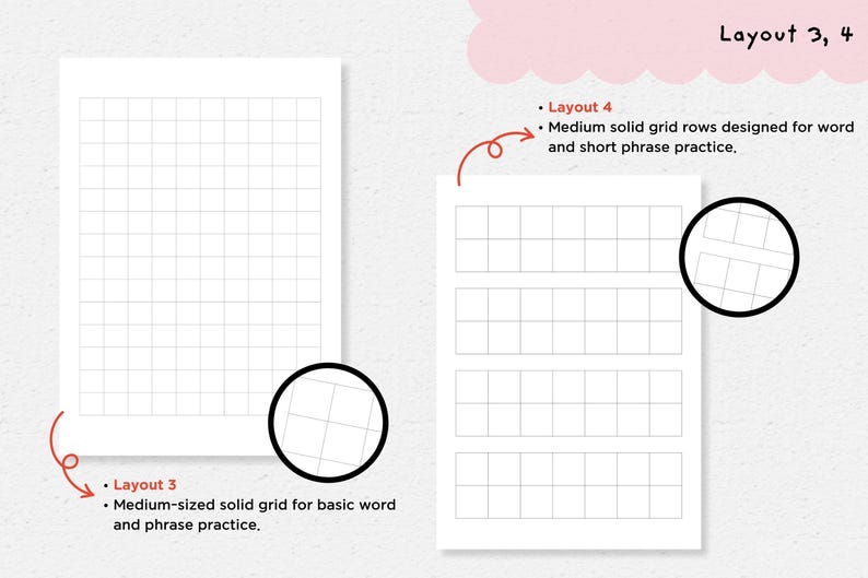 May include: Two white paper layouts with grid patterns for word and phrase practice. One layout features a medium-sized grid, while the other has medium solid grid rows. Text reads "Layout 3, 4" and describes the layouts.