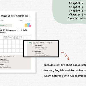 May include: A white workbook page with Korean language lessons, including English translations and Romanization. The page features the text "Chapter 6 - Shopping & Going Out" and includes example sentences and dialogues. A light green background with text about the book.