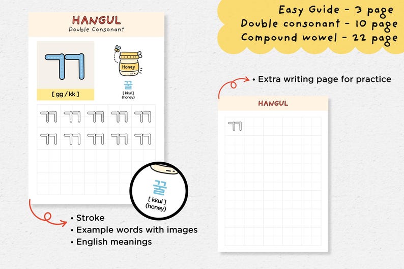 May include: Educational Korean Hangul learning materials. The image shows a guide for double consonants, including example words with images and English meanings. Includes an extra writing page for practice. The text on the image says "Easy Guide - 3 page".