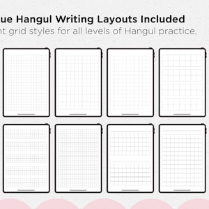 May include: An image displays eight digital tablets, each showcasing a different grid layout for Hangul writing practice. The text at the top reads "8 Unique Hangul Writing Layouts Included" and "Different grid styles for all levels of Hangul practice."