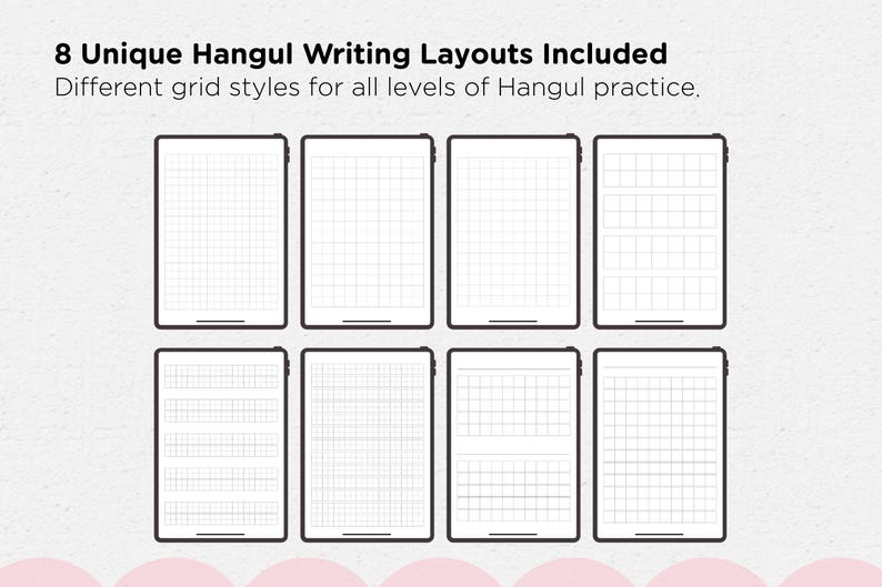 May include: An image displays eight digital tablets, each showcasing a different grid layout for Hangul writing practice. The text at the top reads "8 Unique Hangul Writing Layouts Included" and "Different grid styles for all levels of Hangul practice."