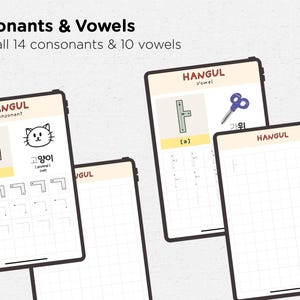 May include: Image of several tablets displaying Hangul lessons. The tablets show consonants, vowels, and writing practice. The text on the tablets reads "Consonants & Vowels" and "Learn all 14 consonants & 10 vowels."