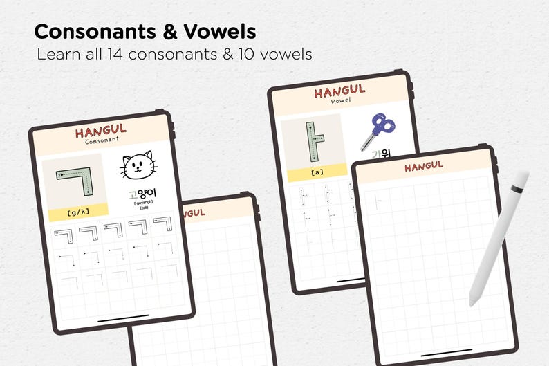 May include: Image of several tablets displaying Hangul lessons. The tablets show consonants, vowels, and writing practice. The text on the tablets reads "Consonants & Vowels" and "Learn all 14 consonants & 10 vowels."
