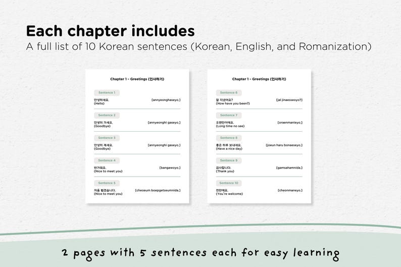 May include: Two white pages with Korean sentences, English translations, and Romanization. The text "Each chapter includes" and "A full list of 10 Korean sentences" are at the top. The bottom reads "2 pages with 5 sentences each for easy learning."