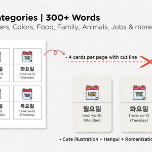 May include: Educational flashcards with Korean words for days of the week, including Monday, Tuesday, Wednesday, and Thursday. Each card features a calendar illustration, Hangul script, romanization, and English translation. The image also includes the text "22 Categories | 300+ Words".