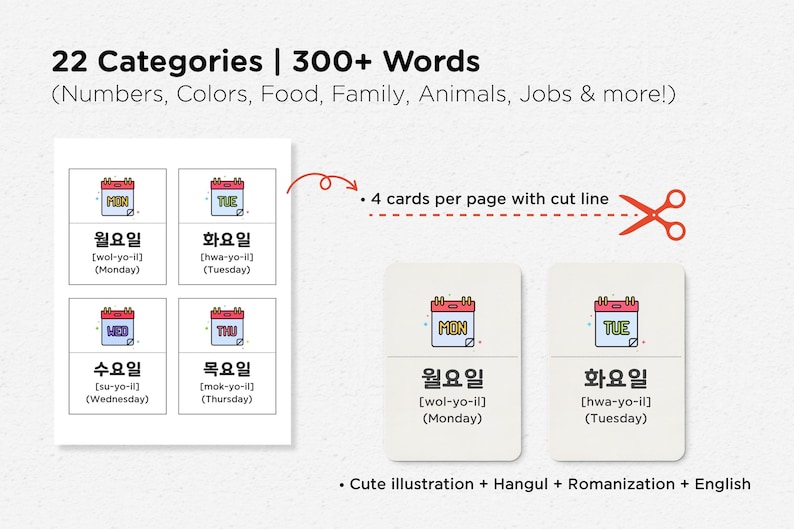 May include: Educational flashcards with Korean words for days of the week, including Monday, Tuesday, Wednesday, and Thursday. Each card features a calendar illustration, Hangul script, romanization, and English translation. The image also includes the text "22 Categories | 300+ Words".