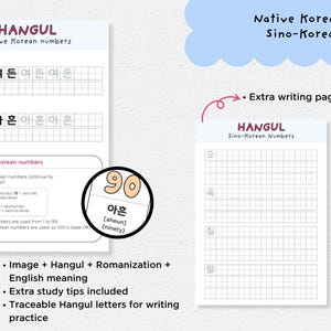 May include: Educational Hangul workbook with traceable Korean numbers. Includes Native Korean and Sino-Korean numbers, with English meanings and extra study tips. Features practice pages for writing.