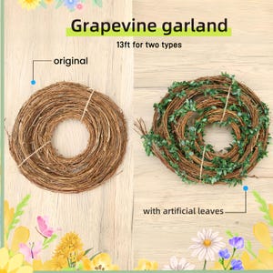 Może przedstawiać: Dwie girlandy z winorośli, jedna z sztucznymi liśćmi. Girlanda ma 4 metry długości. Widoczny jest tekst "Grapevine garland" i "13ft for two types". Tekst "original" znajduje się nad girlandą bez liści, a tekst "with artificial leaves" nad girlandą z liśćmi.