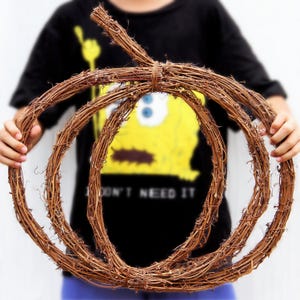 May include: A brown, woven grapevine pumpkin wreath. The wreath is made of intertwined vines, forming a pumpkin shape. The wreath is held up by a person. The background is blurred, but a black shirt with yellow graphic is visible.